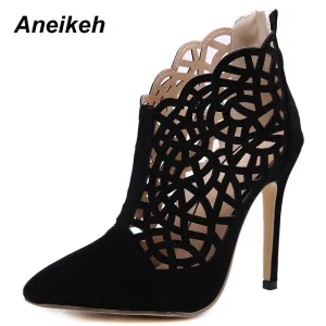 Aneikeh 2019 Flock Fashion Frühling Gladiatoren Stiefel Damen Einfarbig Durchbrochen Dünne High Heels Stiefel Flach Schwarz Party Alltag 35-40 Fashion Nova Schuhe