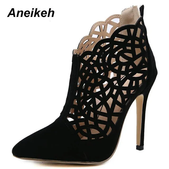 Aneikeh 2019 Flock Fashion Frühling Gladiatoren Stiefel Damen Einfarbig Durchbrochen Dünne High Heels Stiefel Flach Schwarz Party Alltag 35-40 Fashion Nova Schuhe