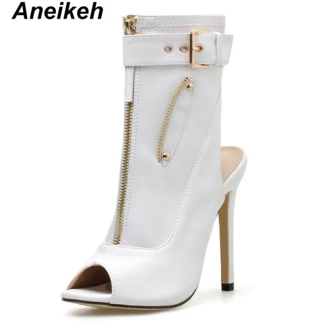 Aneikeh 2019 PU Sommer Knöchelstiefel High Heels Damenschuhe Peep Toe Sexy Lady Chelsea Stiefel Party Dünne Absatzschuhe Größe 35-40 Fashion Nova Schuhe
