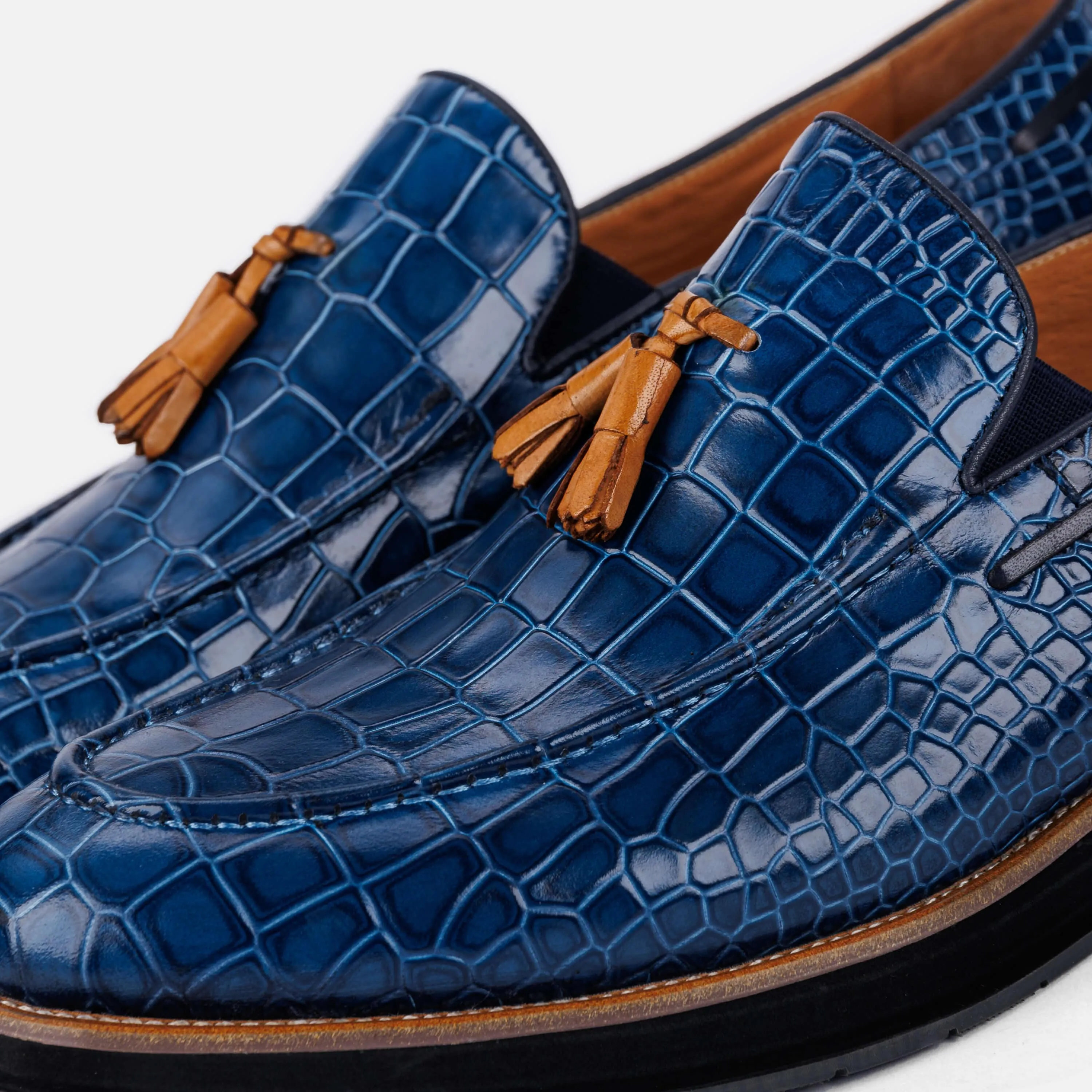 Apollo Blaue Krokodilleder-Quasten-Loafer