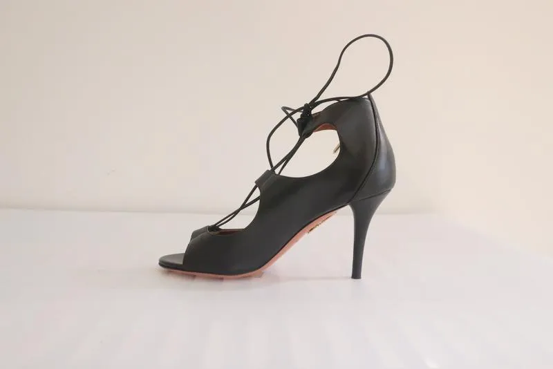 Aquazzura Schnürsandalen Christy Schwarz Leder Größe 36.5 Offene Zehen Absatz