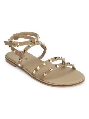 Beige PU Sandalen mit Nieten und flacher Sohle