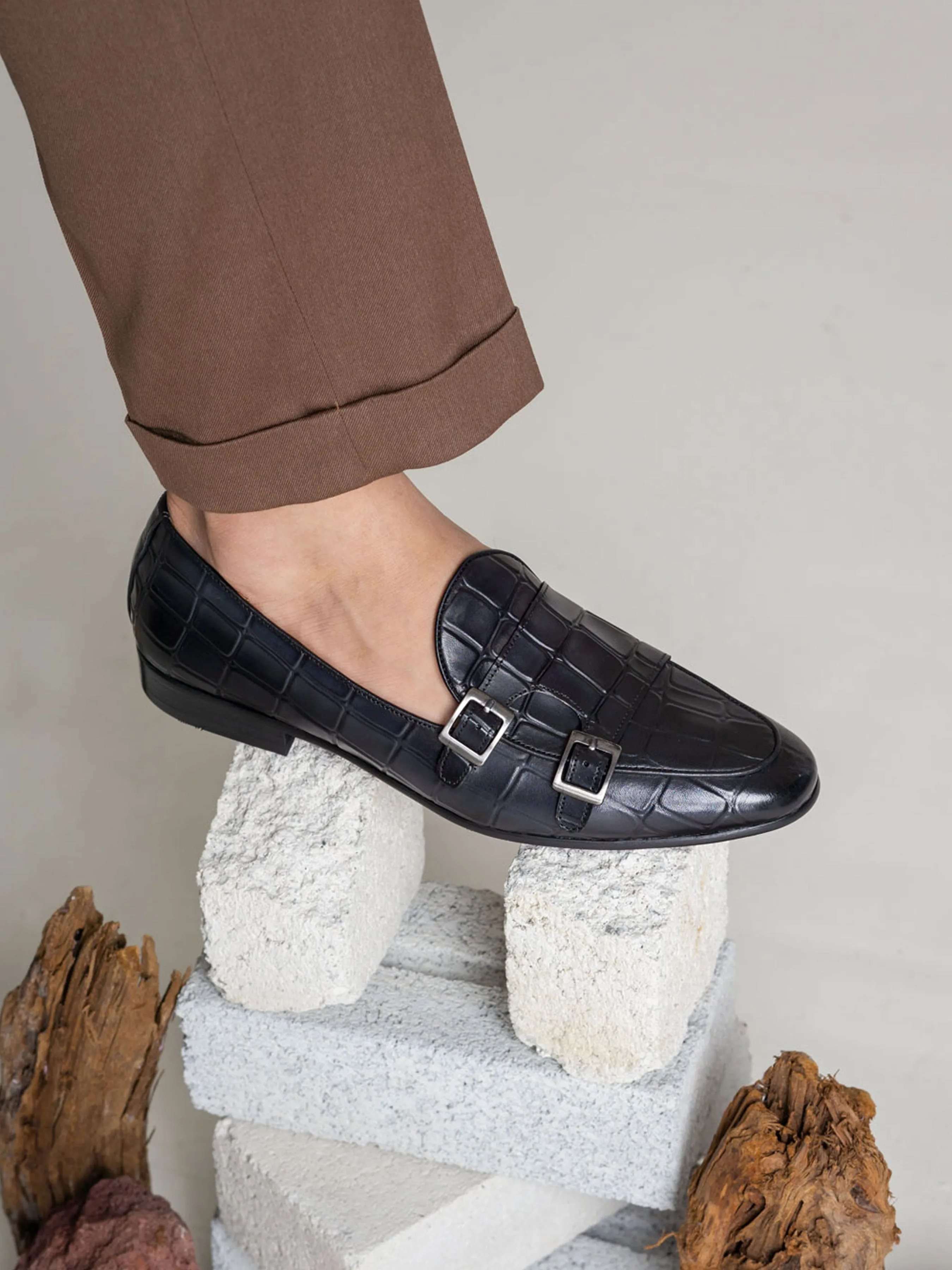 Belgischer Loafer - Schwarz Grau Croco Doppelmonkriemen (Handbemalte Patina)
