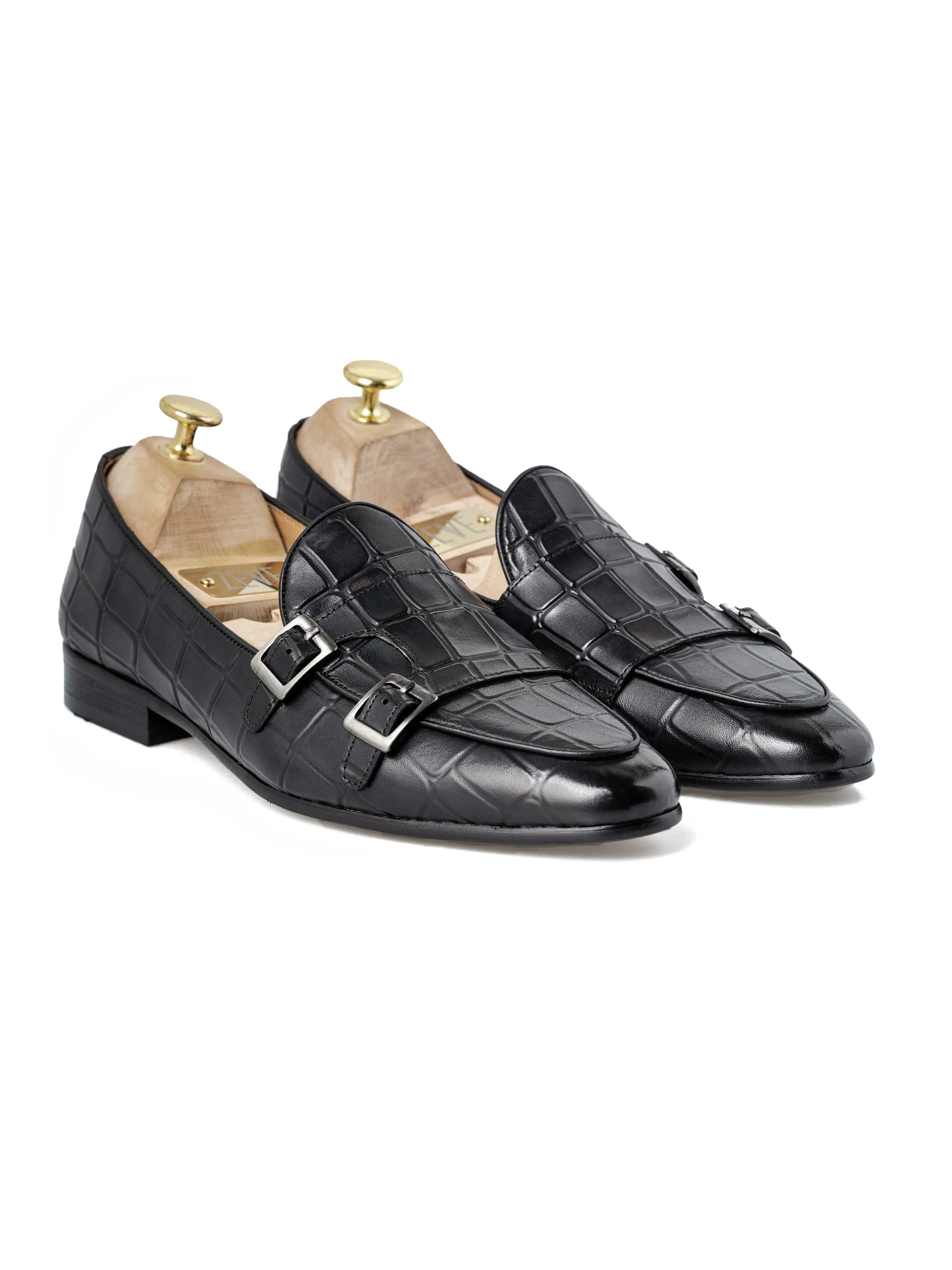 Belgischer Loafer - Schwarz Grau Croco Doppelmonkriemen (Handbemalte Patina)
