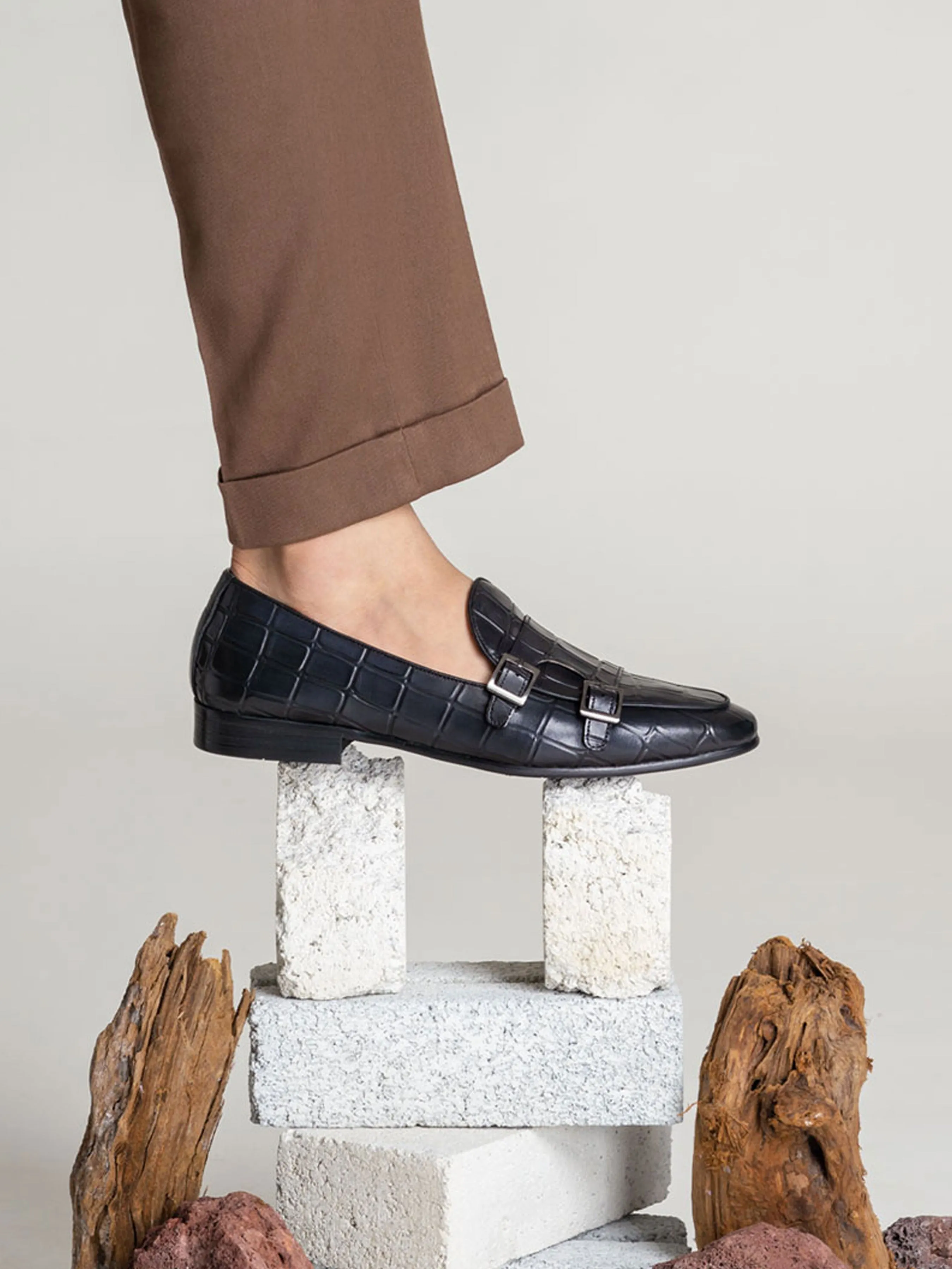 Belgischer Loafer - Schwarz Grau Croco Doppelmonkriemen (Handbemalte Patina)