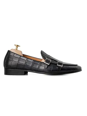 Belgischer Loafer - Schwarz Grau Croco Doppelmonkriemen (Handbemalte Patina)