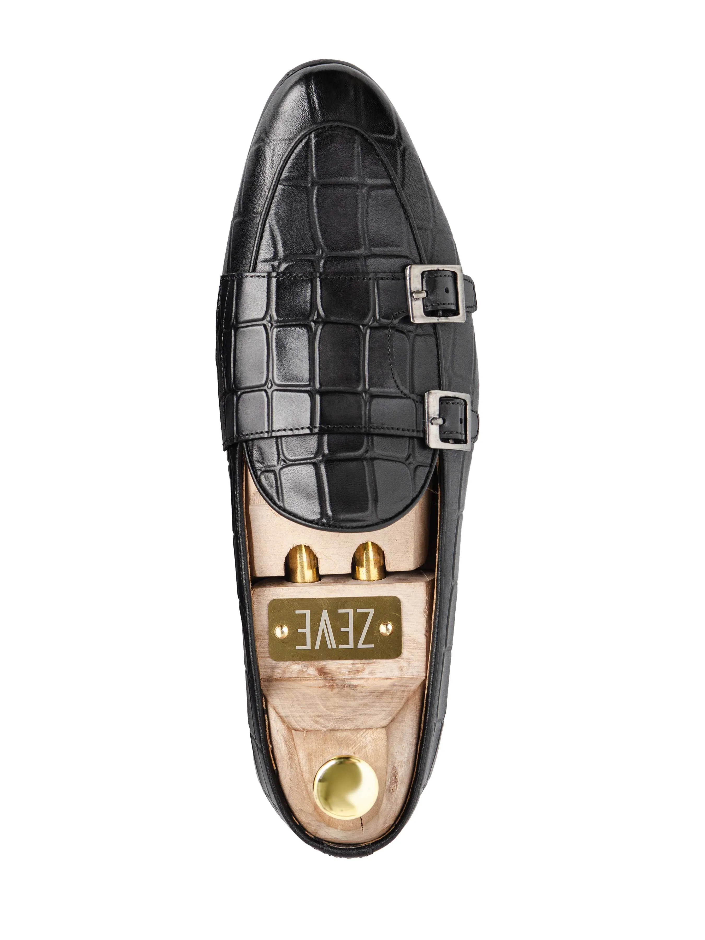 Belgischer Loafer - Schwarz Grau Croco Doppelmonkriemen (Handbemalte Patina)