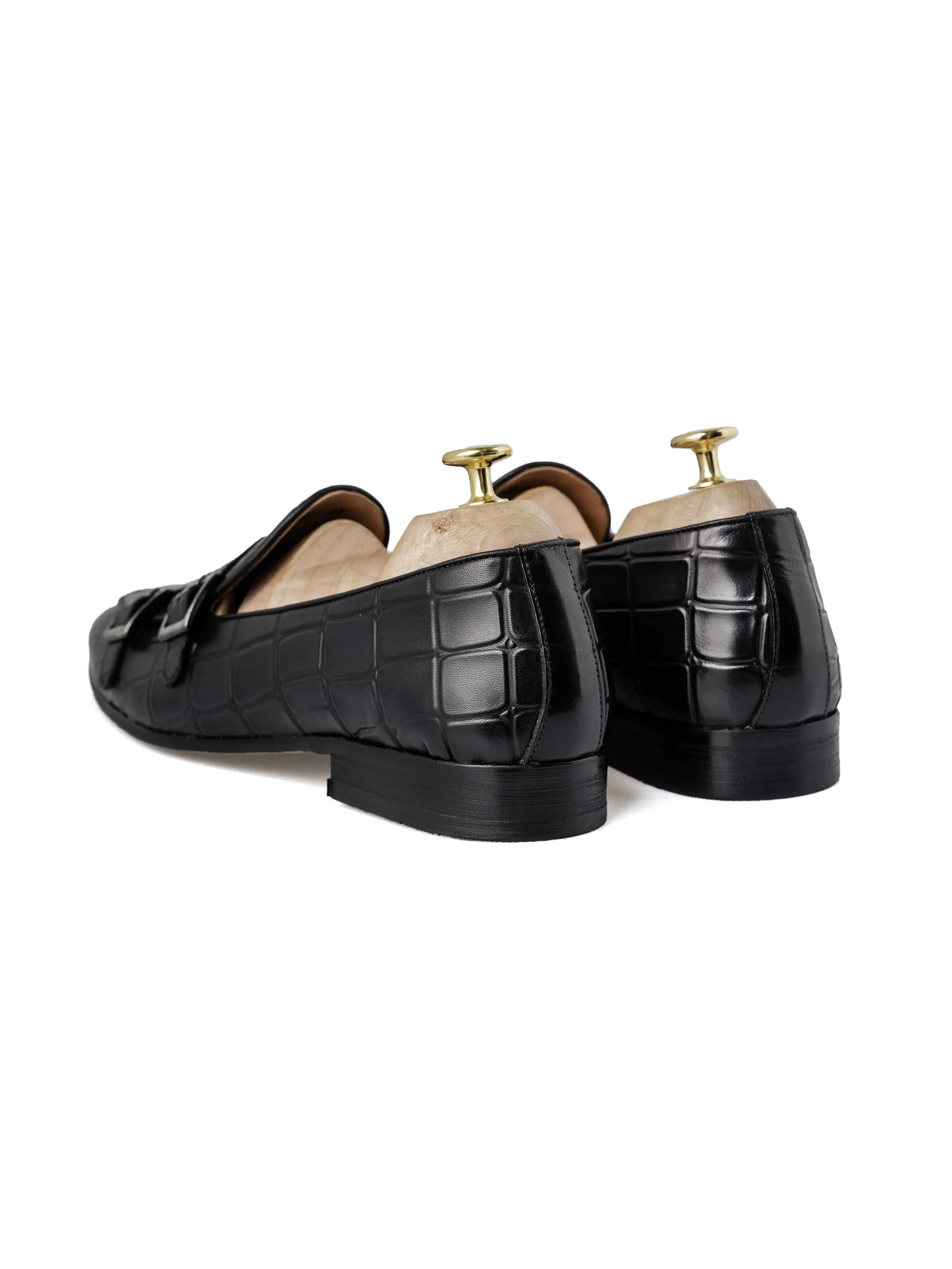 Belgischer Loafer - Schwarz Grau Croco Doppelmonkriemen (Handbemalte Patina)
