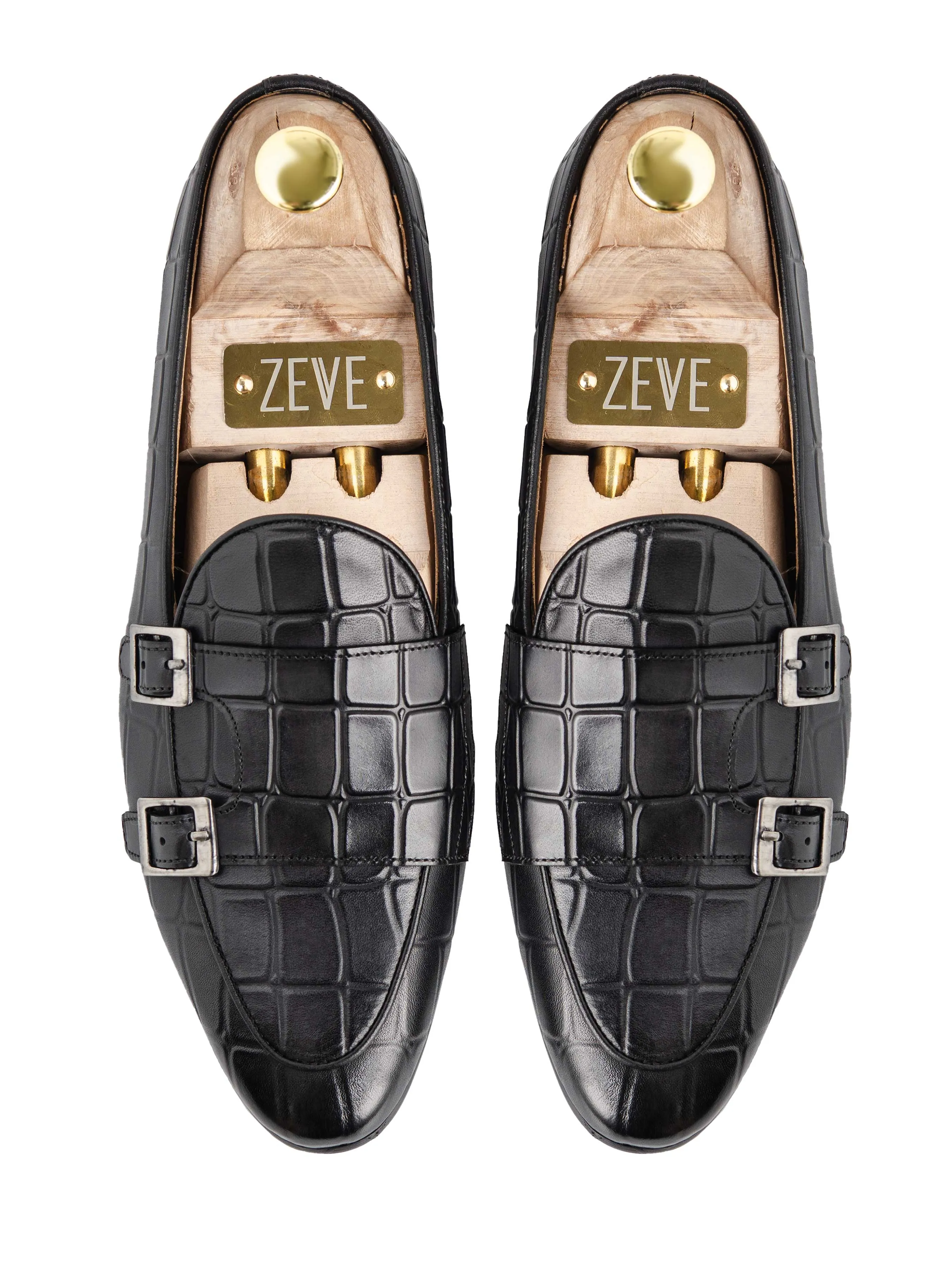 Belgischer Loafer - Schwarz Grau Croco Doppelmonkriemen (Handbemalte Patina)