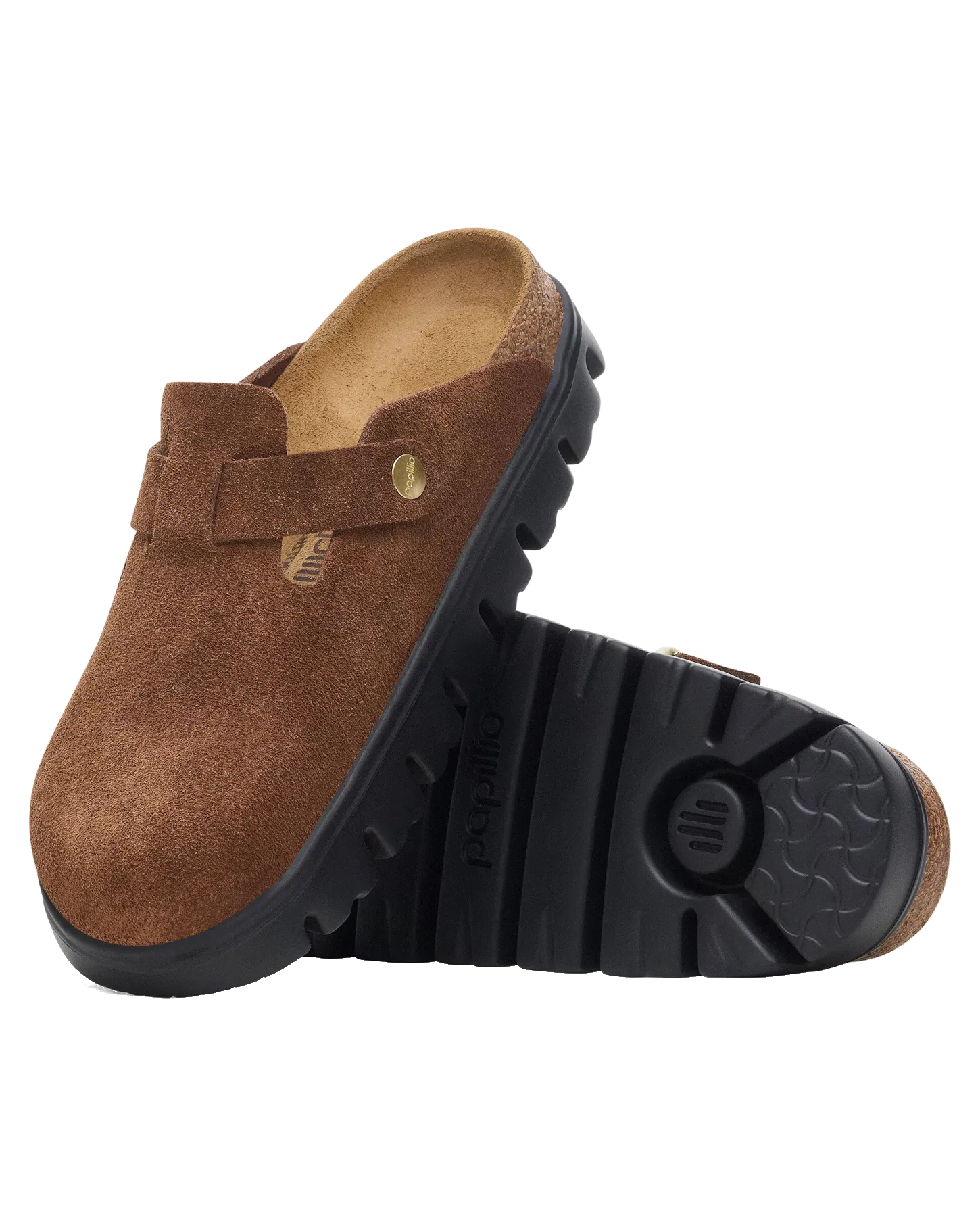 Birkenstock Schuhe Papillio Boston Chunky Wildleder Sandalen in Dunkeltee & Schwarz