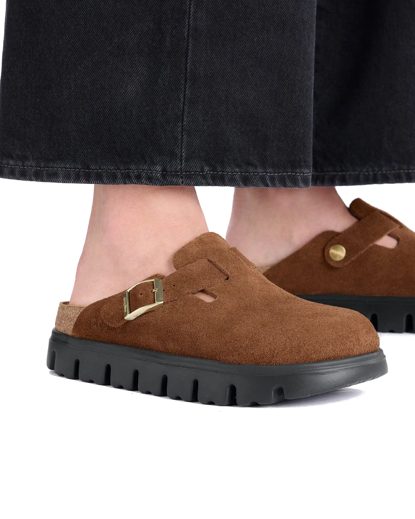 Birkenstock Schuhe Papillio Boston Chunky Wildleder Sandalen in Dunkeltee & Schwarz