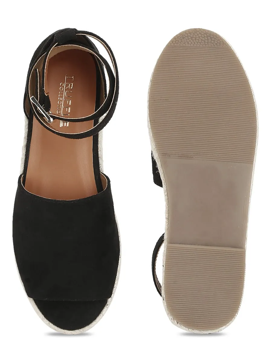 Schwarze Mikrobreite Jute-Espadrilles mit Riemchen