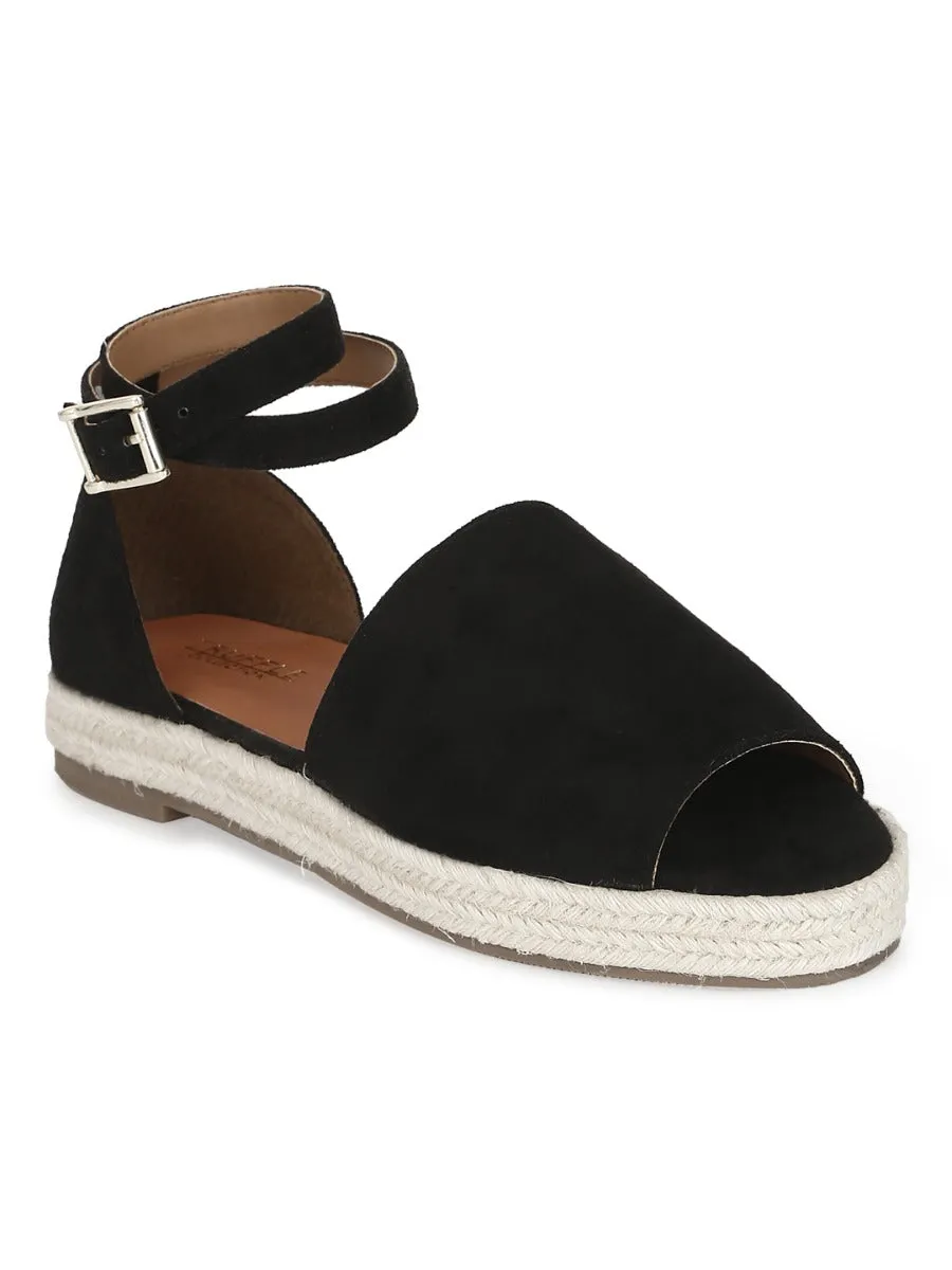 Schwarze Mikrobreite Jute-Espadrilles mit Riemchen