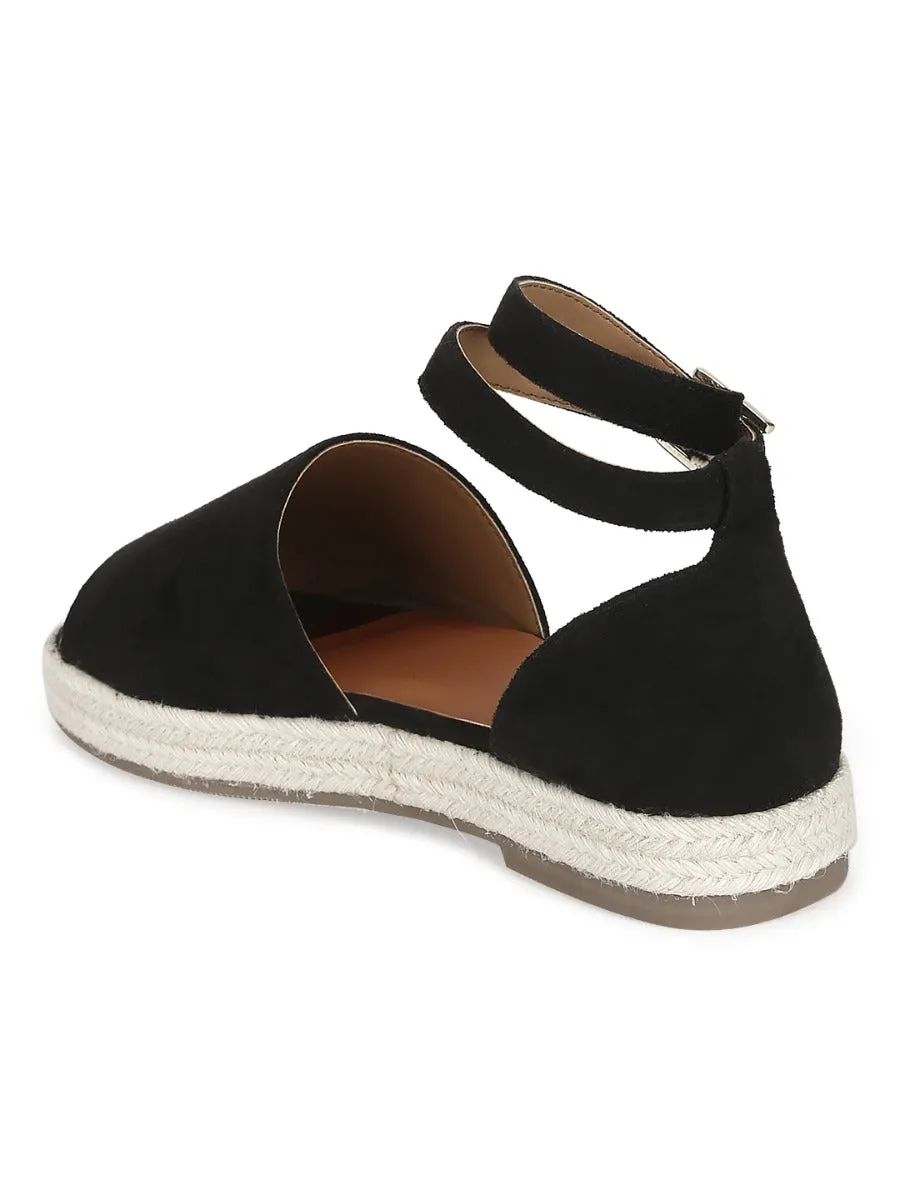 Schwarze Mikrobreite Jute-Espadrilles mit Riemchen