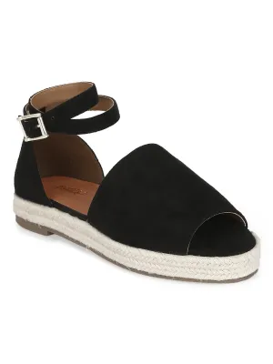 Schwarze Mikrobreite Jute-Espadrilles mit Riemchen