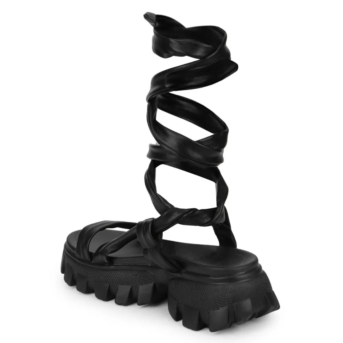 Schwarze PU Gladiatoren-Sandalen mit Profilsohle und dicken Absätzen