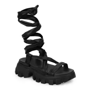 Schwarze PU Gladiatoren-Sandalen mit Profilsohle und dicken Absätzen
