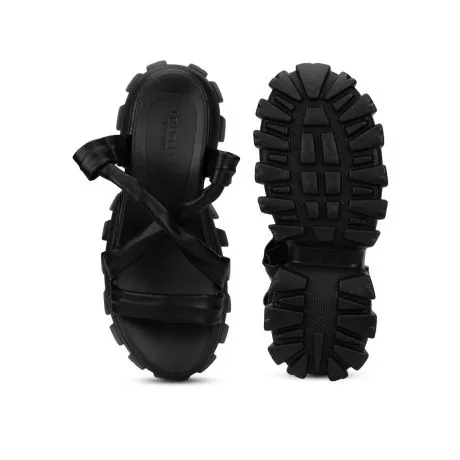 Schwarze PU Gladiatoren-Sandalen mit Profilsohle und dicken Absätzen