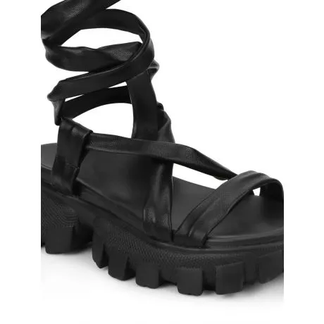 Schwarze PU Gladiatoren-Sandalen mit Profilsohle und dicken Absätzen