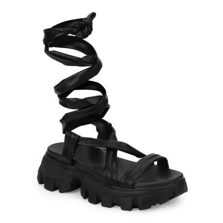 Schwarze PU Gladiatoren-Sandalen mit Profilsohle und dicken Absätzen