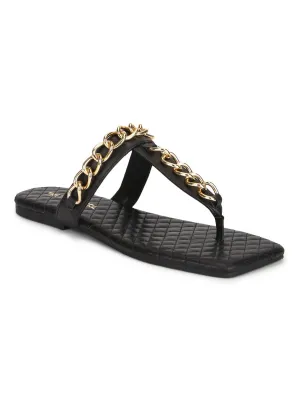 Schwarze PU Flip-Flops mit Goldkette