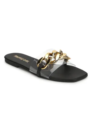 Schwarze PU-Goldketten-Slides