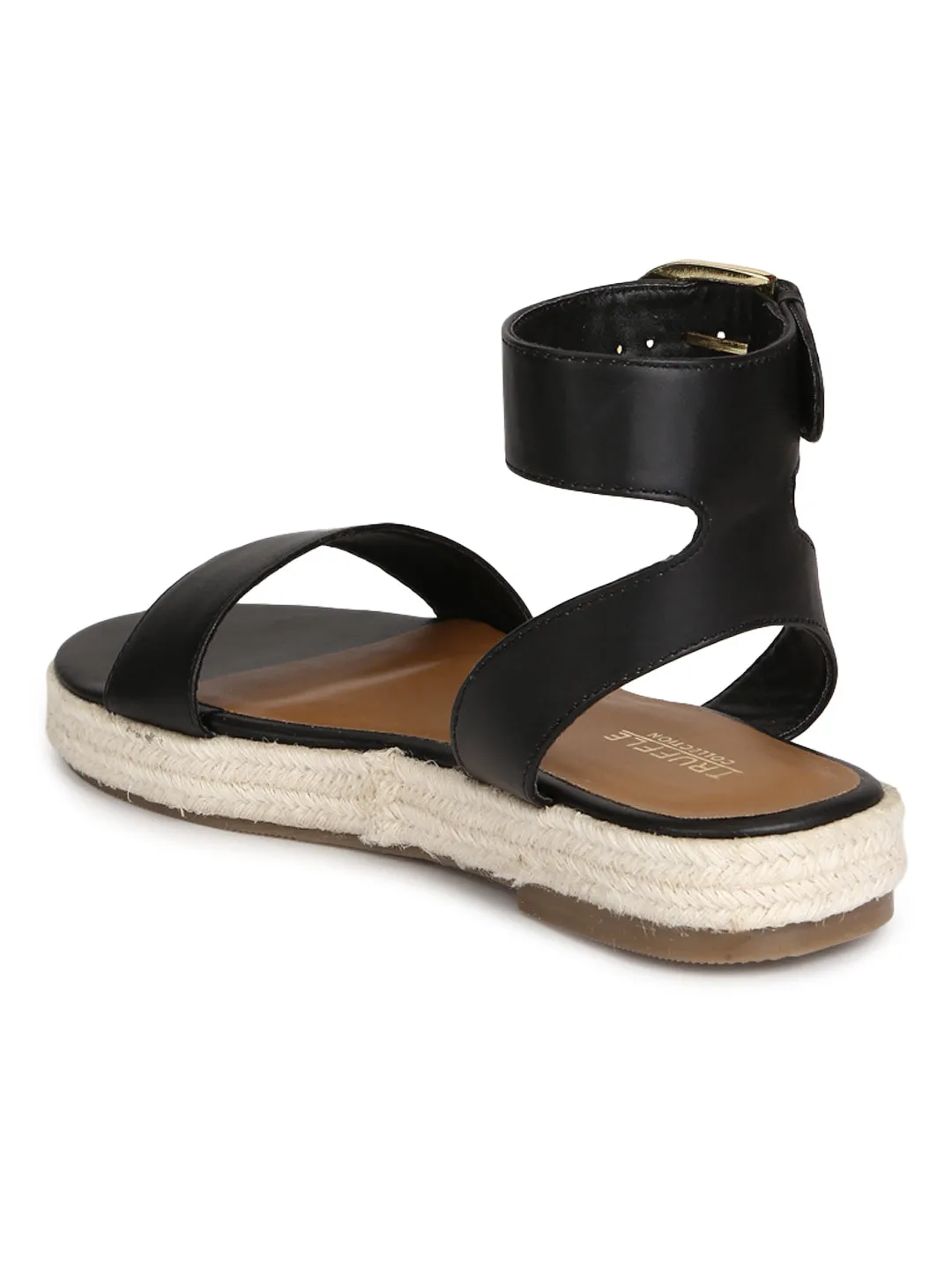 Schwarze PU-Jute-Espadrilles mit Knöchelriemen