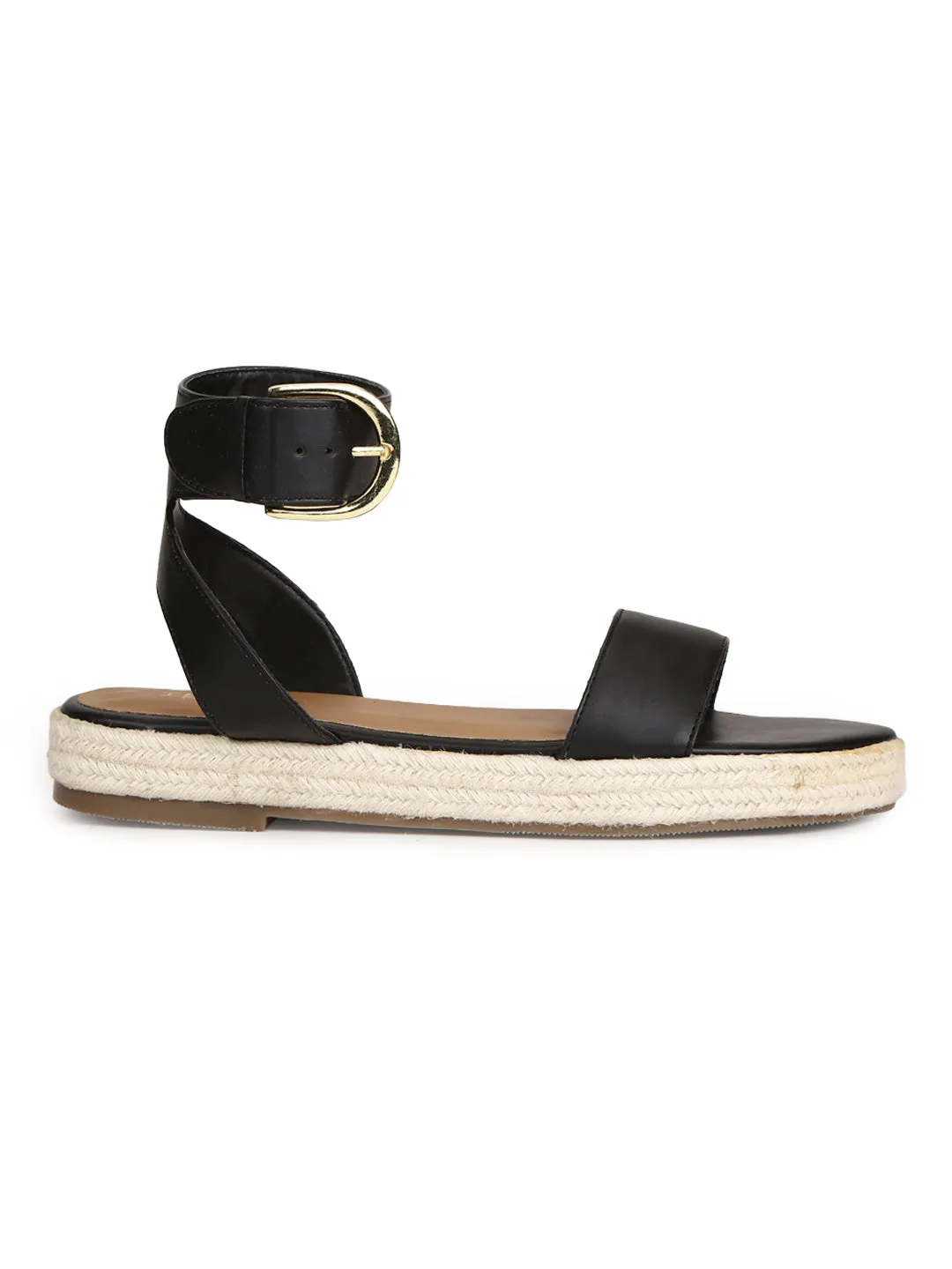 Schwarze PU-Jute-Espadrilles mit Knöchelriemen