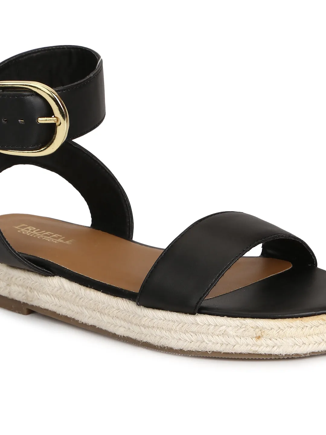 Schwarze PU-Jute-Espadrilles mit Knöchelriemen