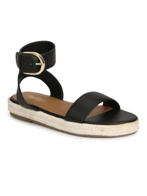 Schwarze PU-Jute-Espadrilles mit Knöchelriemen