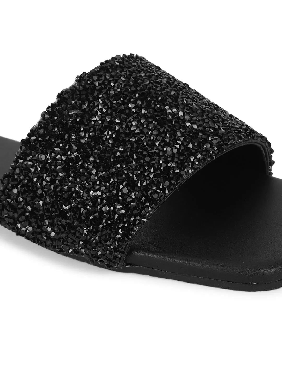 Schwarze PU-Slipper mit Glitzerriemen und Pailletten (TC-ST-1211-BLK)