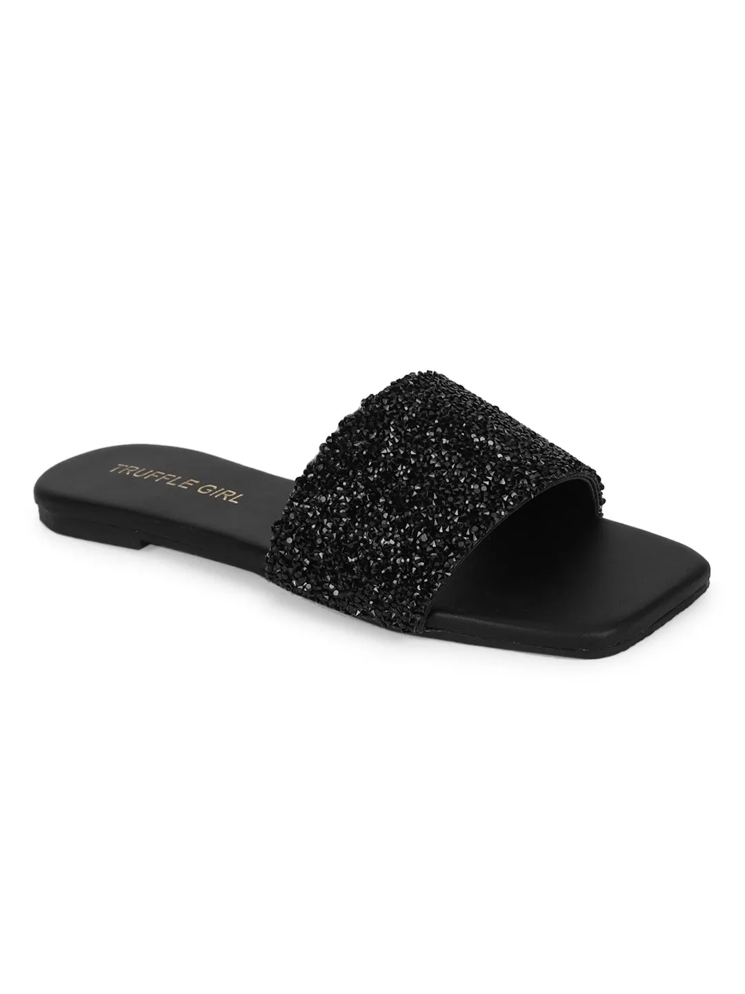 Schwarze PU-Slipper mit Glitzerriemen und Pailletten (TC-ST-1211-BLK)