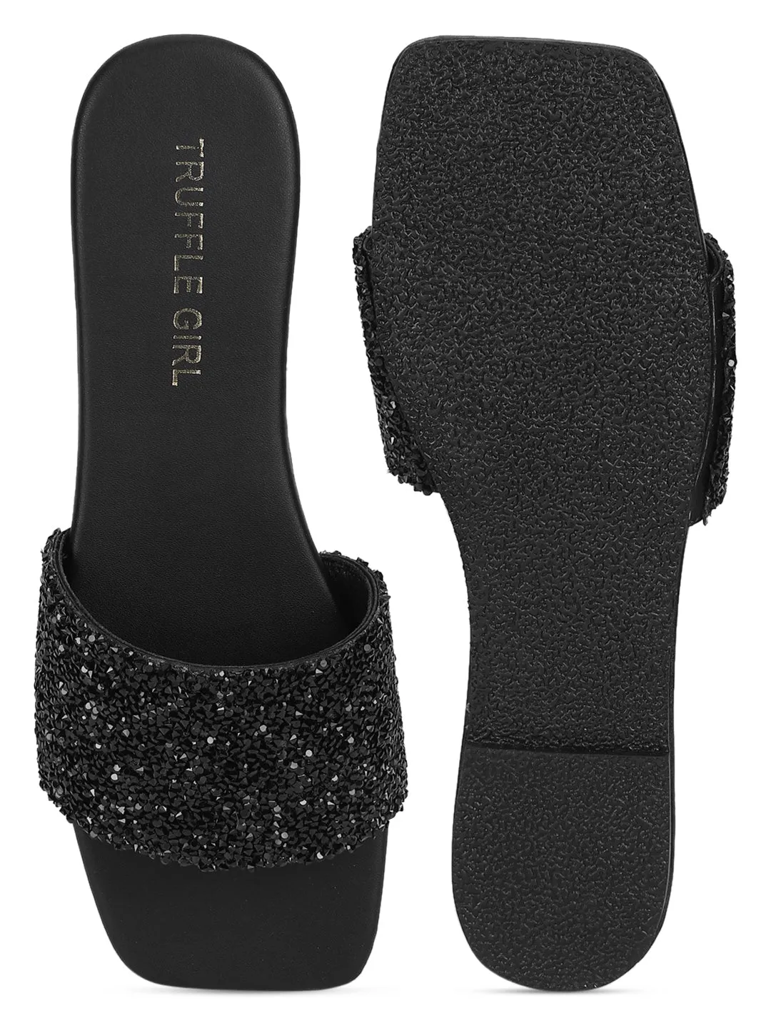 Schwarze PU-Slipper mit Glitzerriemen und Pailletten (TC-ST-1211-BLK)