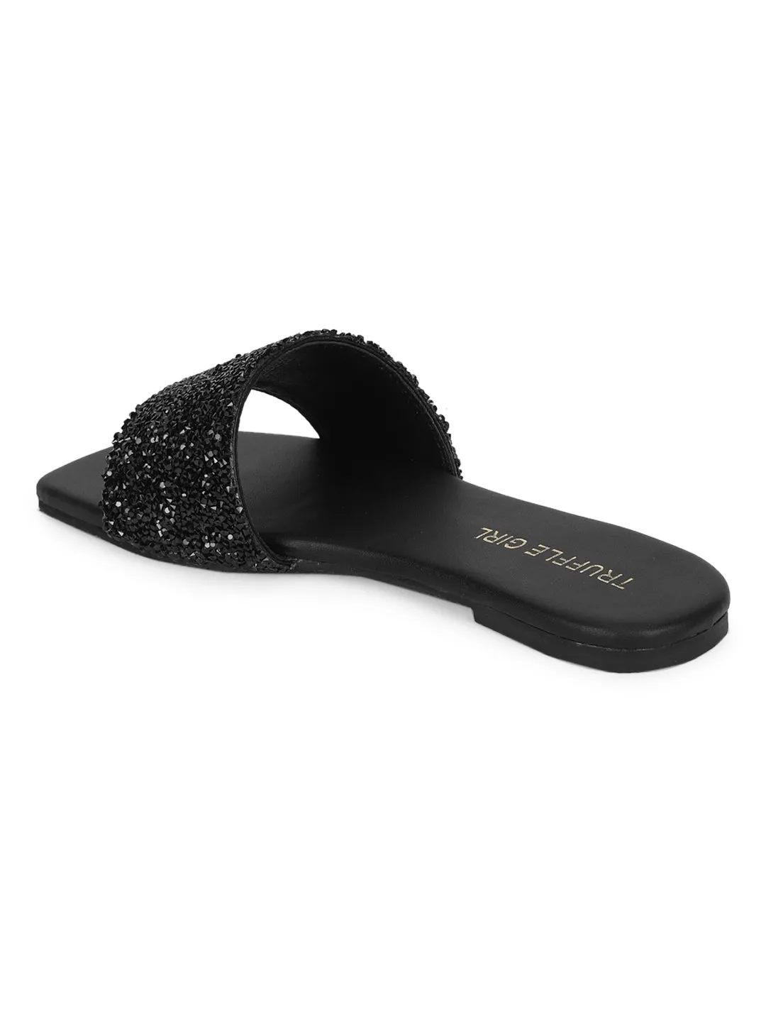 Schwarze PU-Slipper mit Glitzerriemen und Pailletten (TC-ST-1211-BLK)