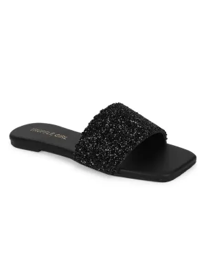 Schwarze PU-Slipper mit Glitzerriemen und Pailletten (TC-ST-1211-BLK)