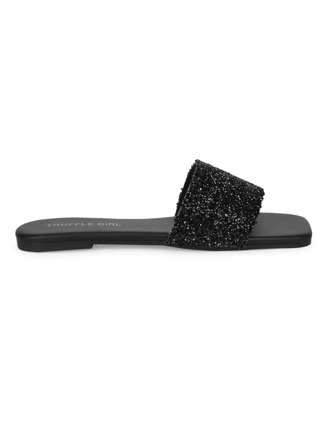 Schwarze PU-Slipper mit Glitzerriemen und Pailletten (TC-ST-1211-BLK)