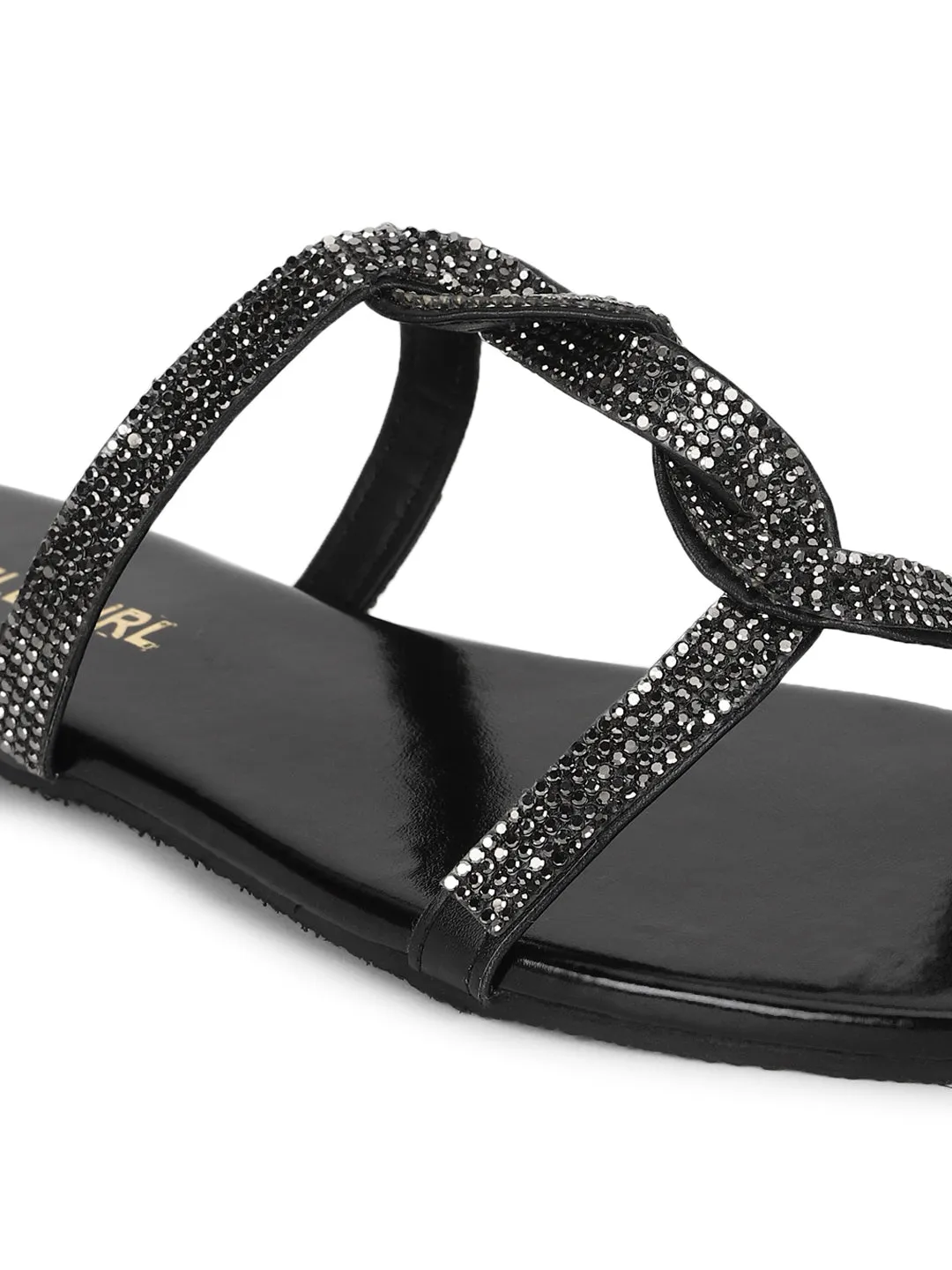 Schwarze PU-Schnürung mit Strasssteinen Slip-Ons (TC-ST-1218-BLK)