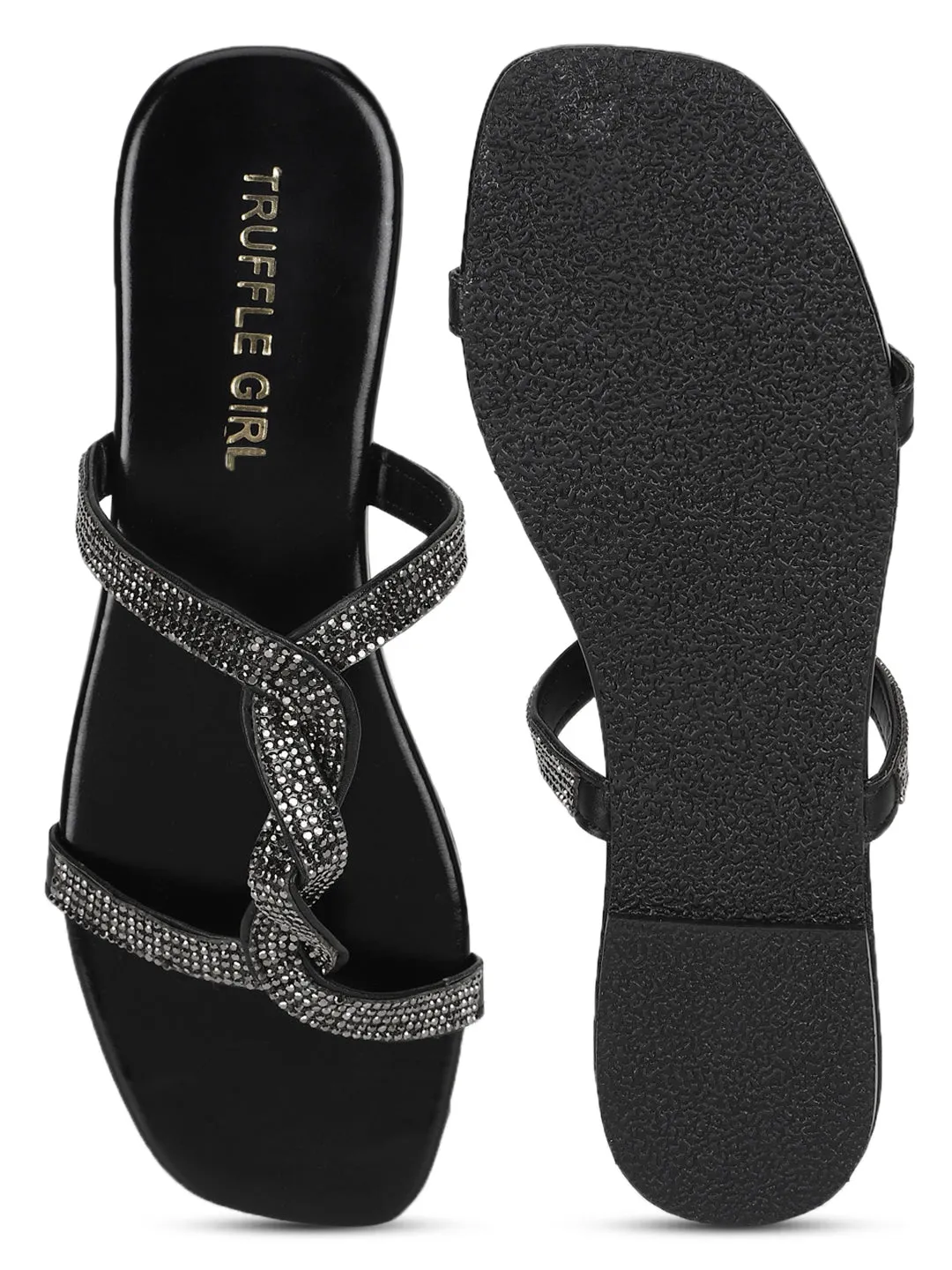 Schwarze PU-Schnürung mit Strasssteinen Slip-Ons (TC-ST-1218-BLK)