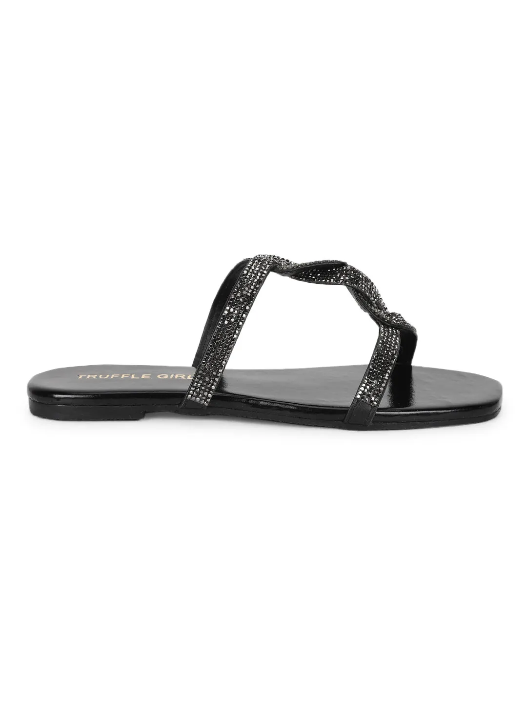Schwarze PU-Schnürung mit Strasssteinen Slip-Ons (TC-ST-1218-BLK)