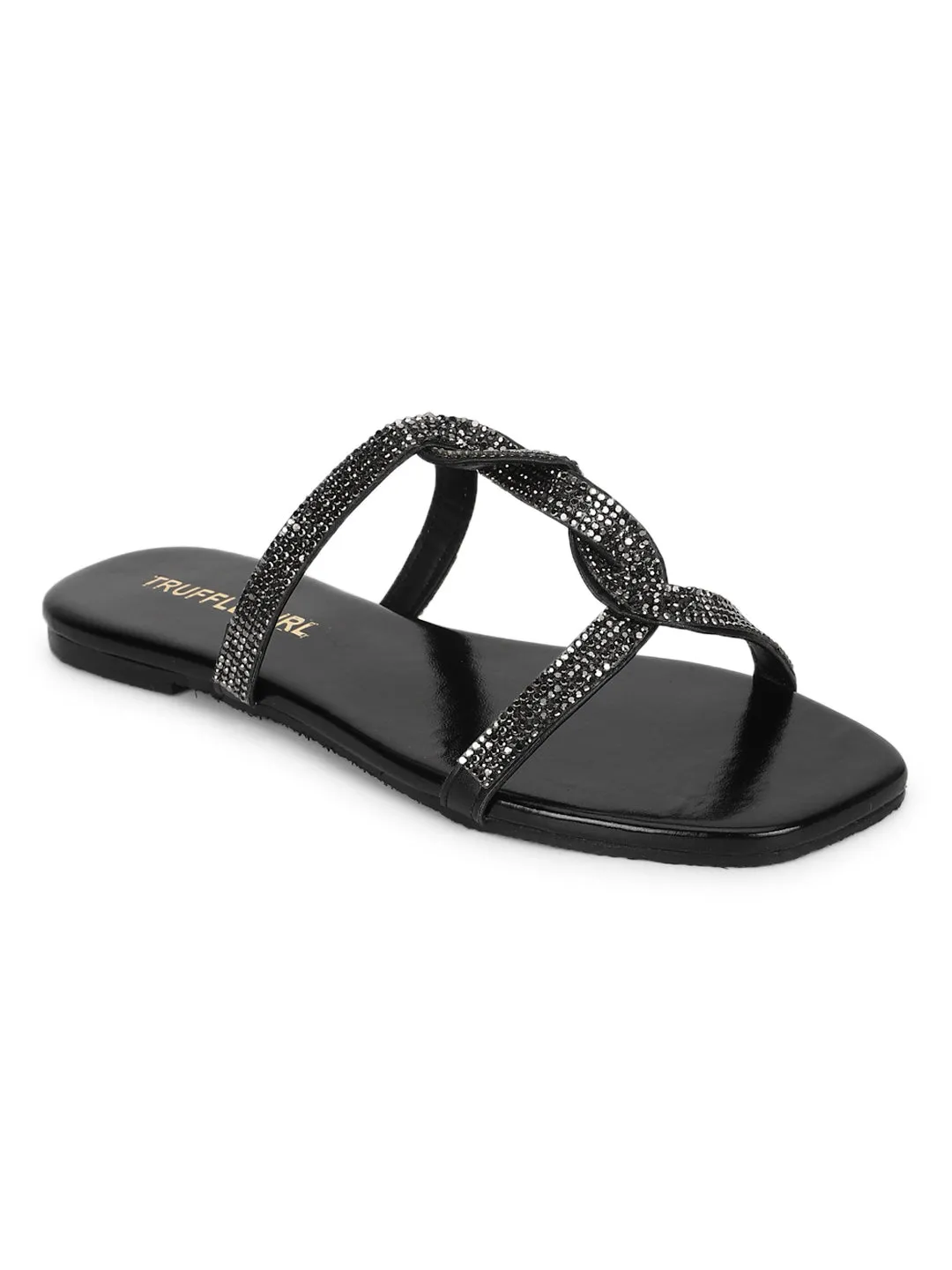 Schwarze PU-Schnürung mit Strasssteinen Slip-Ons (TC-ST-1218-BLK)