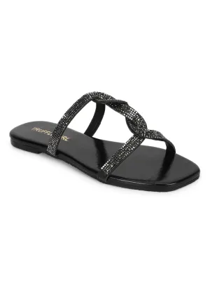 Schwarze PU-Schnürung mit Strasssteinen Slip-Ons (TC-ST-1218-BLK)