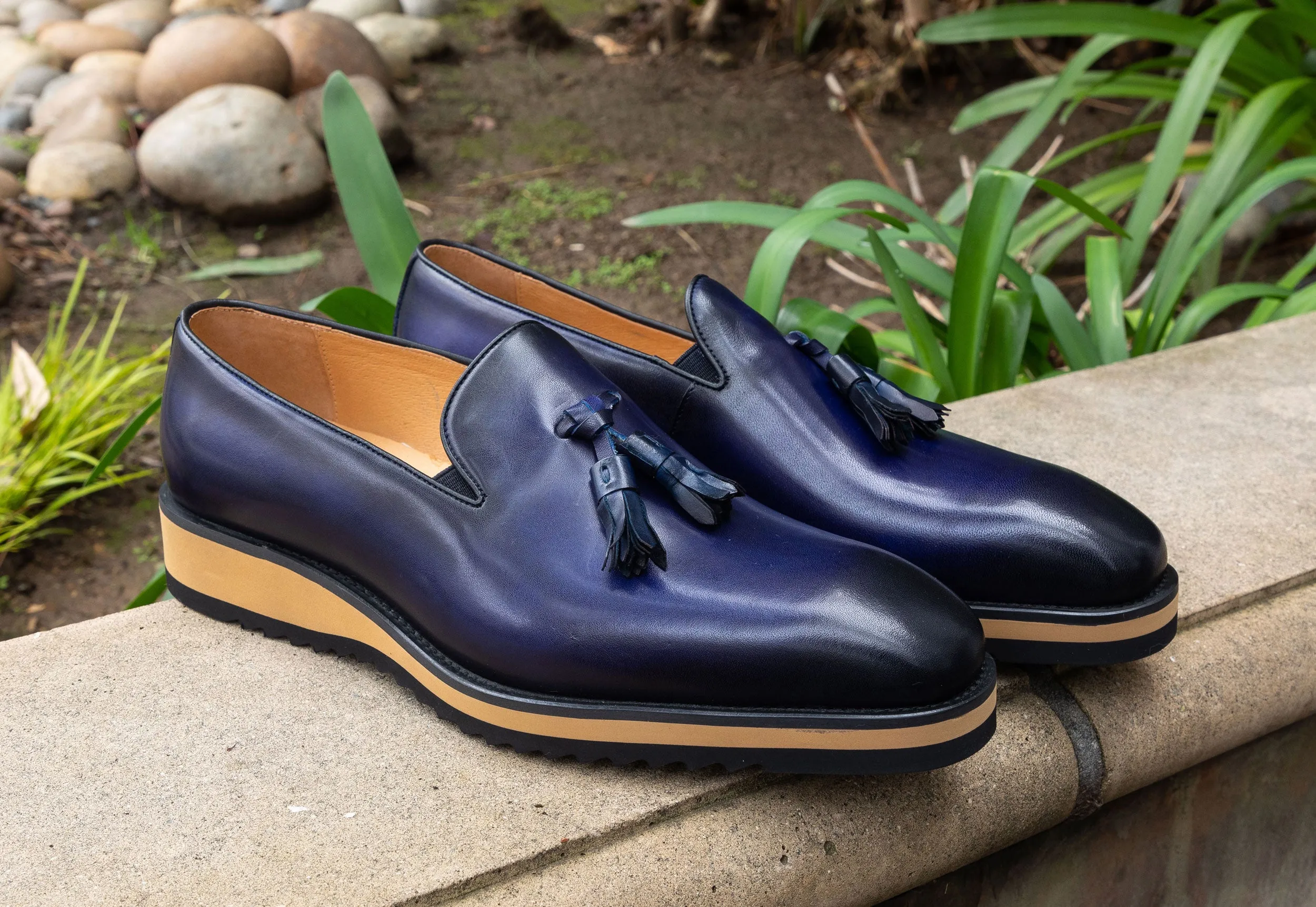 Kalbleder-Schlupfer mit Quaste Marineblau