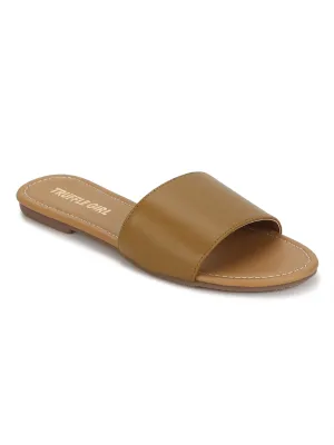 Camel PU Rutsche auf Flachen Sandalen