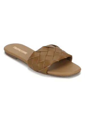 Kamel PU Gewebte Schlupf-Flatsandalen