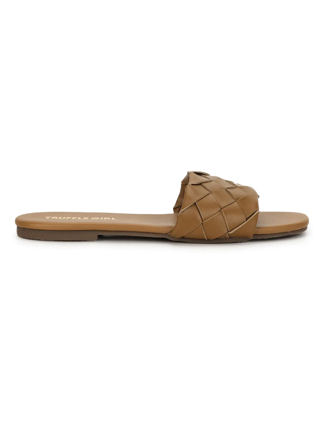 Kamel PU Gewebte Schlupf-Flatsandalen