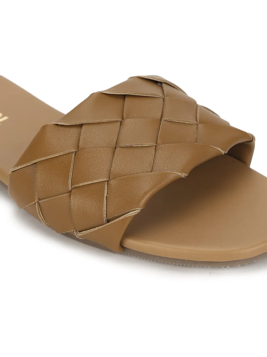 Kamel PU Gewebte Schlupf-Flatsandalen