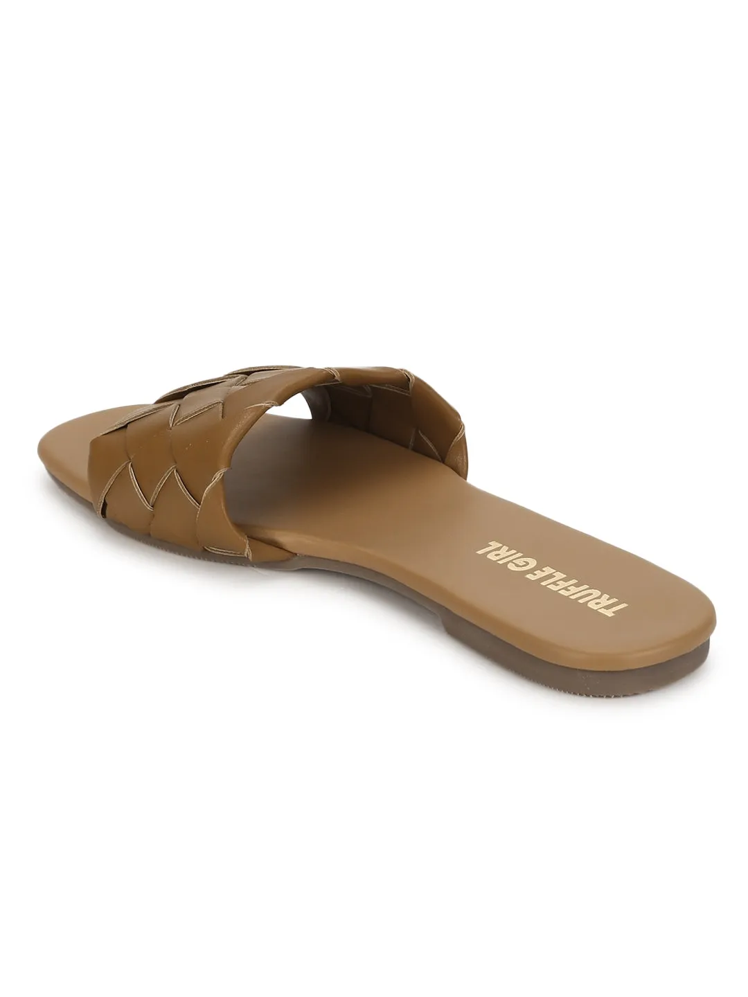 Kamel PU Gewebte Schlupf-Flatsandalen