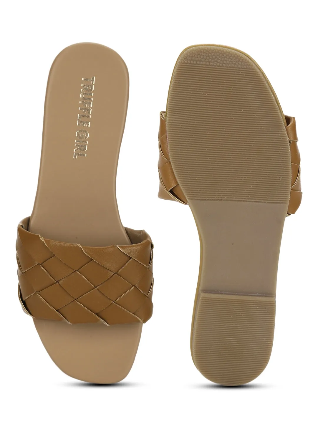 Kamel PU Gewebte Schlupf-Flatsandalen