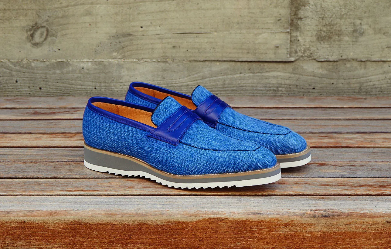 Canvas & Leder-Penny-Loafer im Schlupfstil Blau