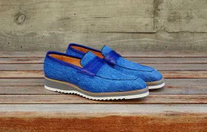 Canvas & Leder-Penny-Loafer im Schlupfstil Blau
